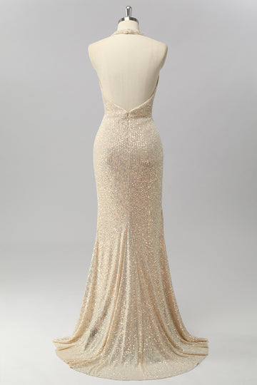 Apricot Mermaid Halter Sequins Open Back Long Prom Dress